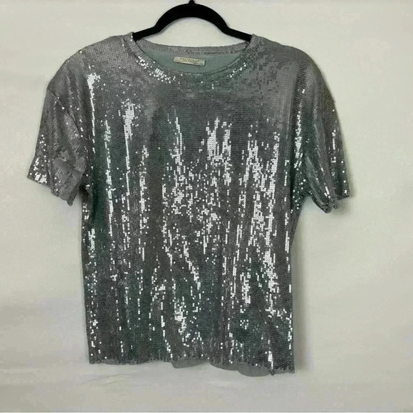 Zara Silver Sequins Short Sleeve Blouse - Picture 1 of 12